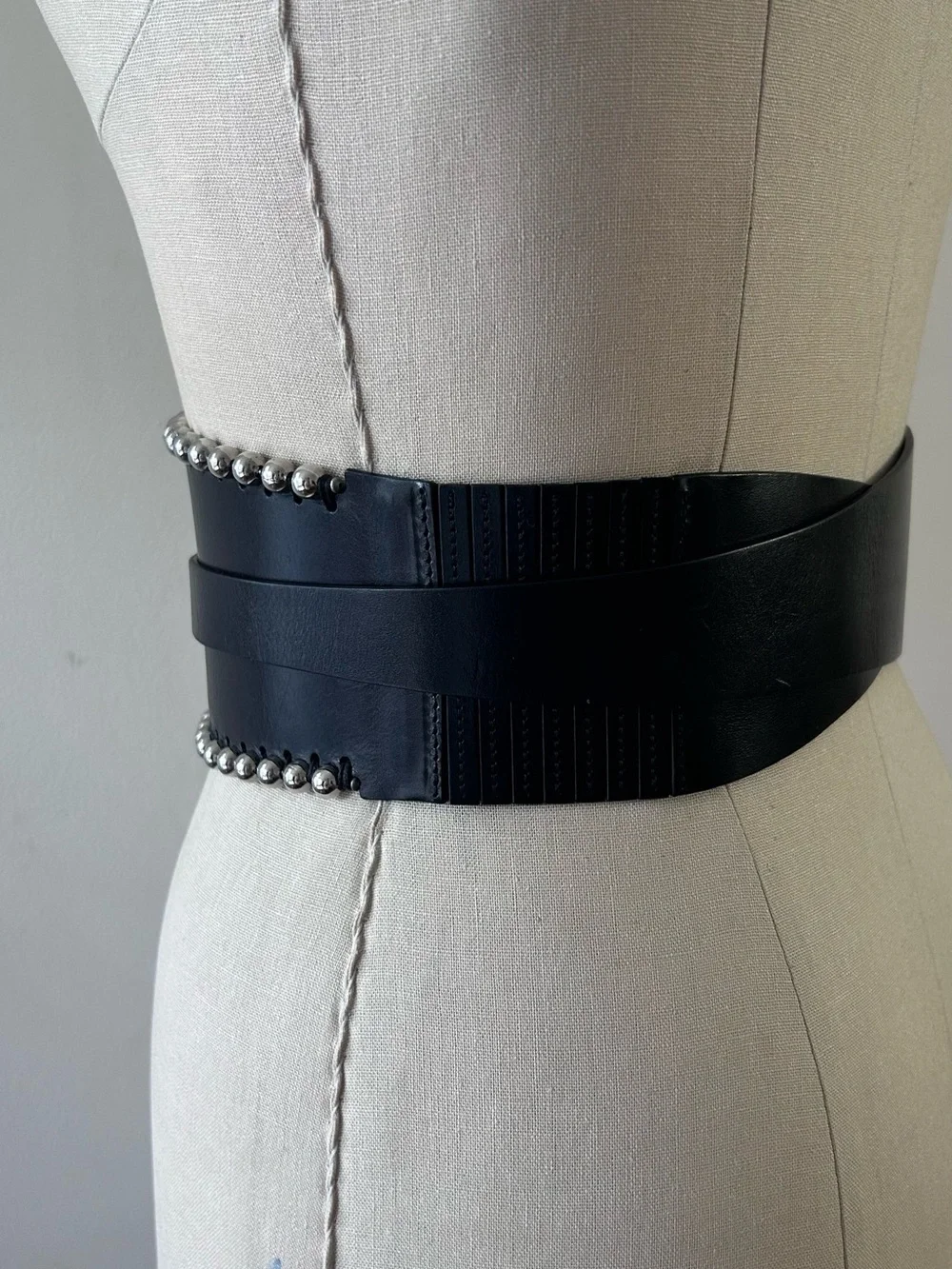 Isabel Marant Black Leather Wide Waist Belt with Silver Bead Trim